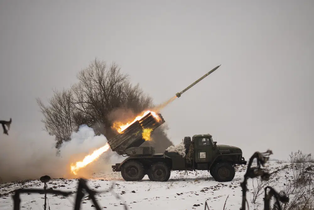 Ukrainian military fires from a multiple rocket launcher at Russian positions in the Kharkiv area, Ukraine